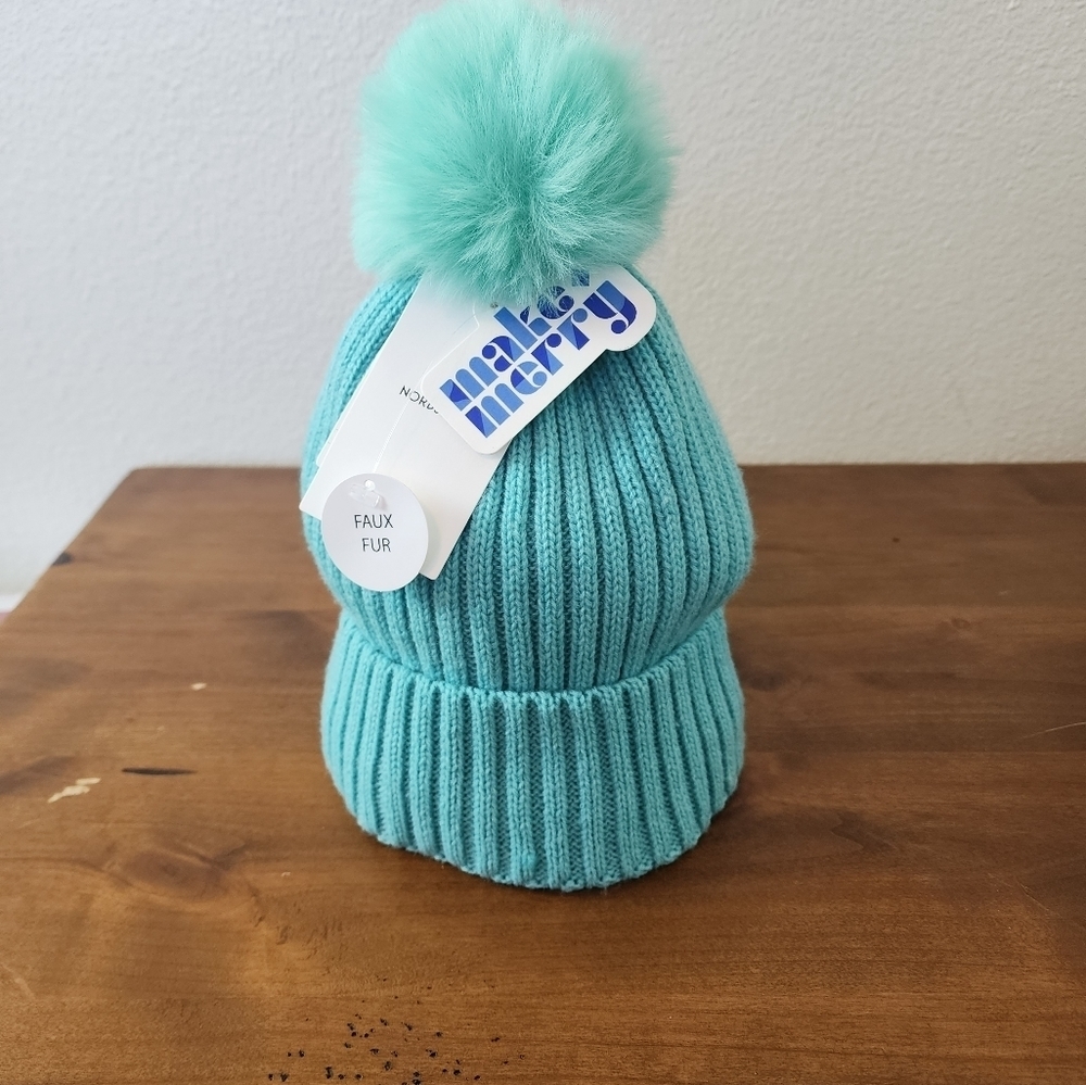 Nordstrom Teal Rib Knit Faux Fur Pom NWT